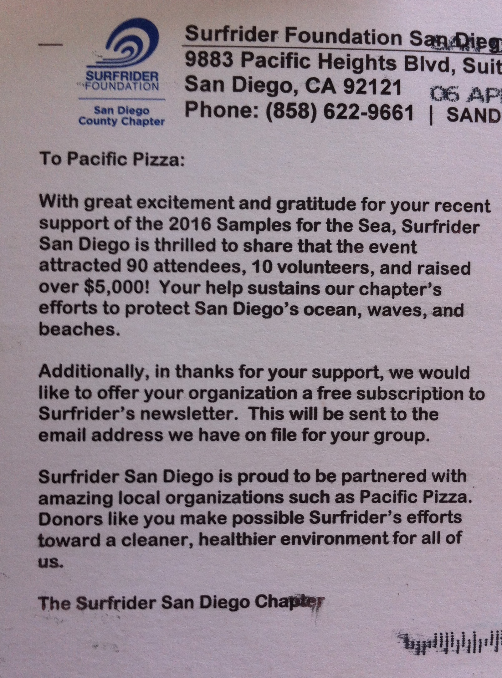 Surfrider Thank You Pizza